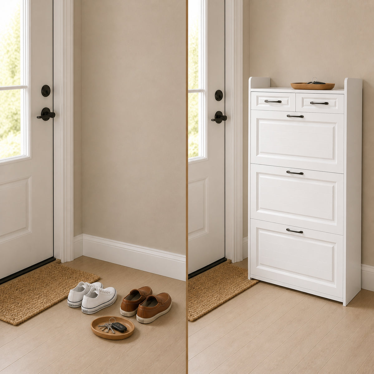 Brambleo ClearEntry Shoe Cabinet — entryway before after