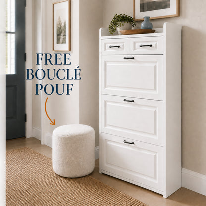 Brambleo ClearEntry Shoe Cabinet — boucle pouf lifestyle