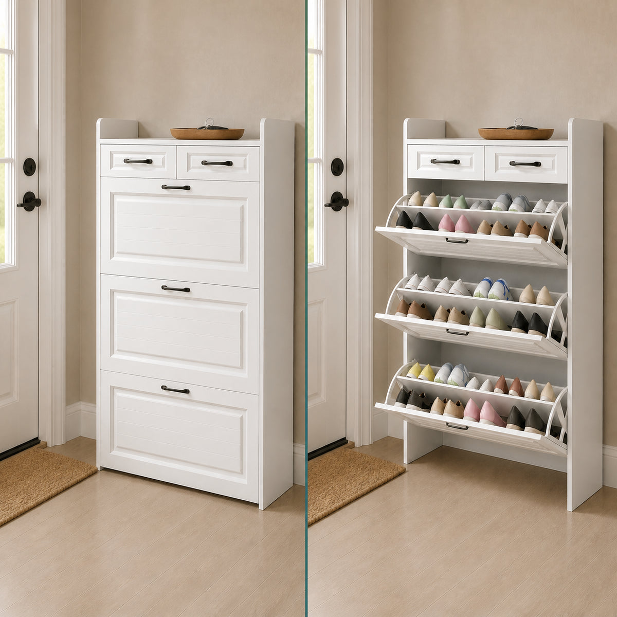Brambleo ClearEntry Shoe Cabinet — organized storage closed open