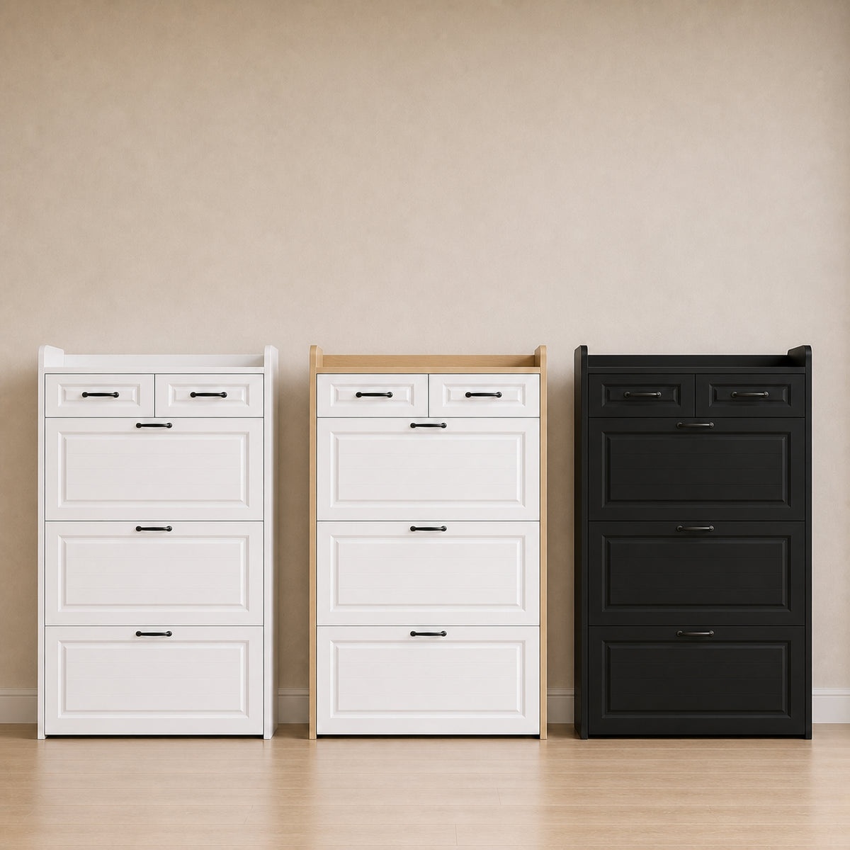 Brambleo ClearEntry Shoe Cabinet — three finishes