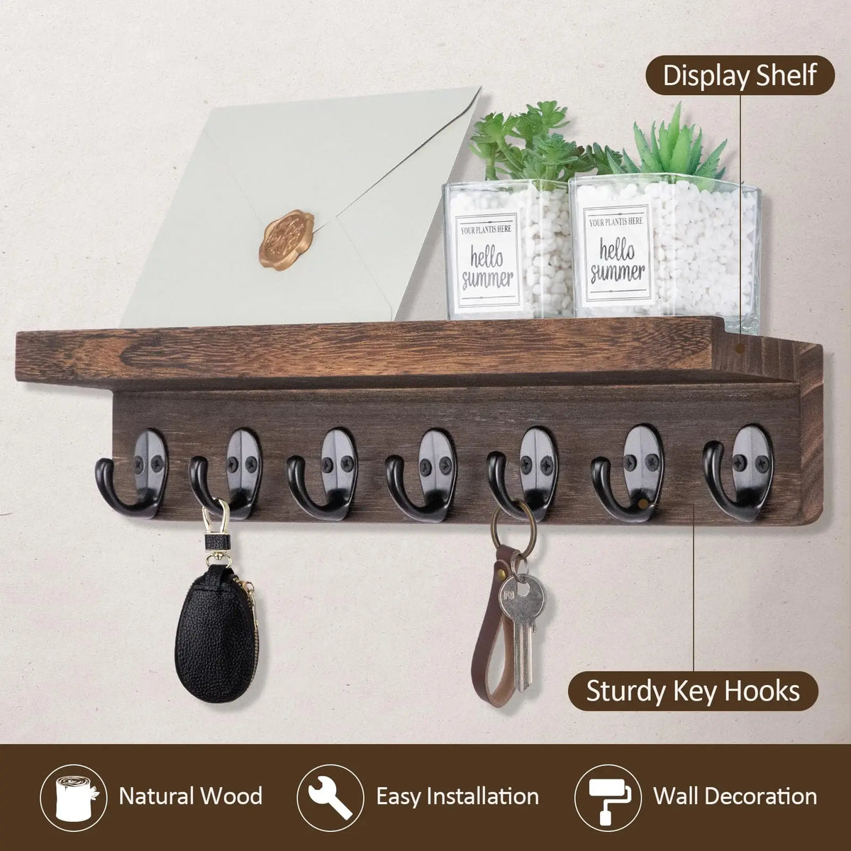 Brambleo Wall-Mounted Wood Mail and Key Shelf